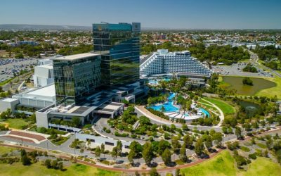 Perth, Australia - Feb 1, 2023: Aerial view of Crown Perth, a resort and casino in Western Australia