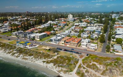 Aerial view of contemporary houses in the coastal suburb of Cottesloe in Perth, Australia